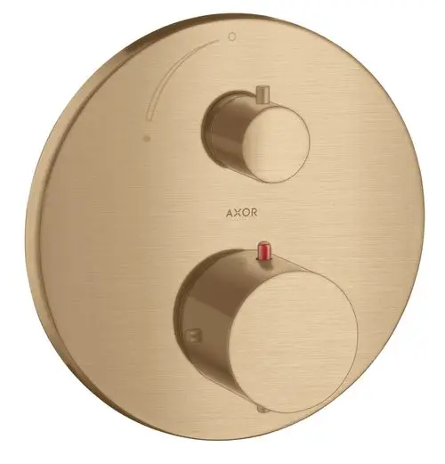 Thermostat zur Wandmontage in gebürstetem Bronze von AXOR mit zwei Reglern, einer mit rotem Punkt zur Temperaturregelung und einer zur Wasserabsperrung.